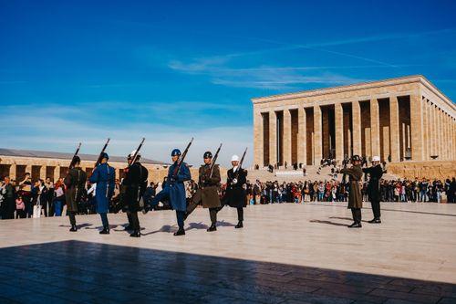Free Soldiers perform the changing of the guard at Anıtkabir, a historic monument in Ankara, Turkey. Stock Photo