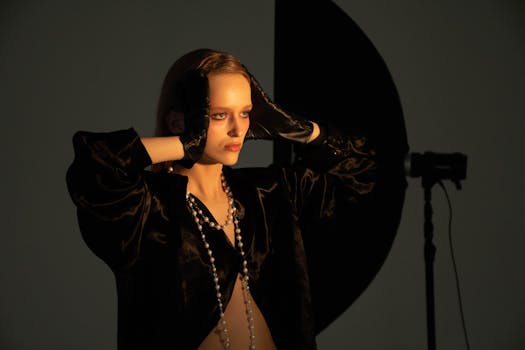 Stylish woman in dramatic studio lighting wearing pearls and gloves.