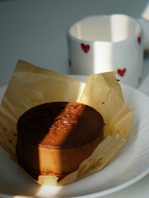 A chocolate cake sitting on a white plate