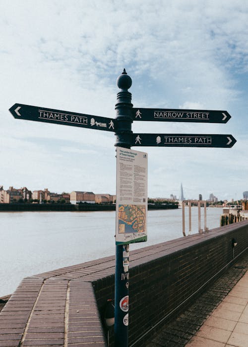 A sign pointing to the river thames and the city of london