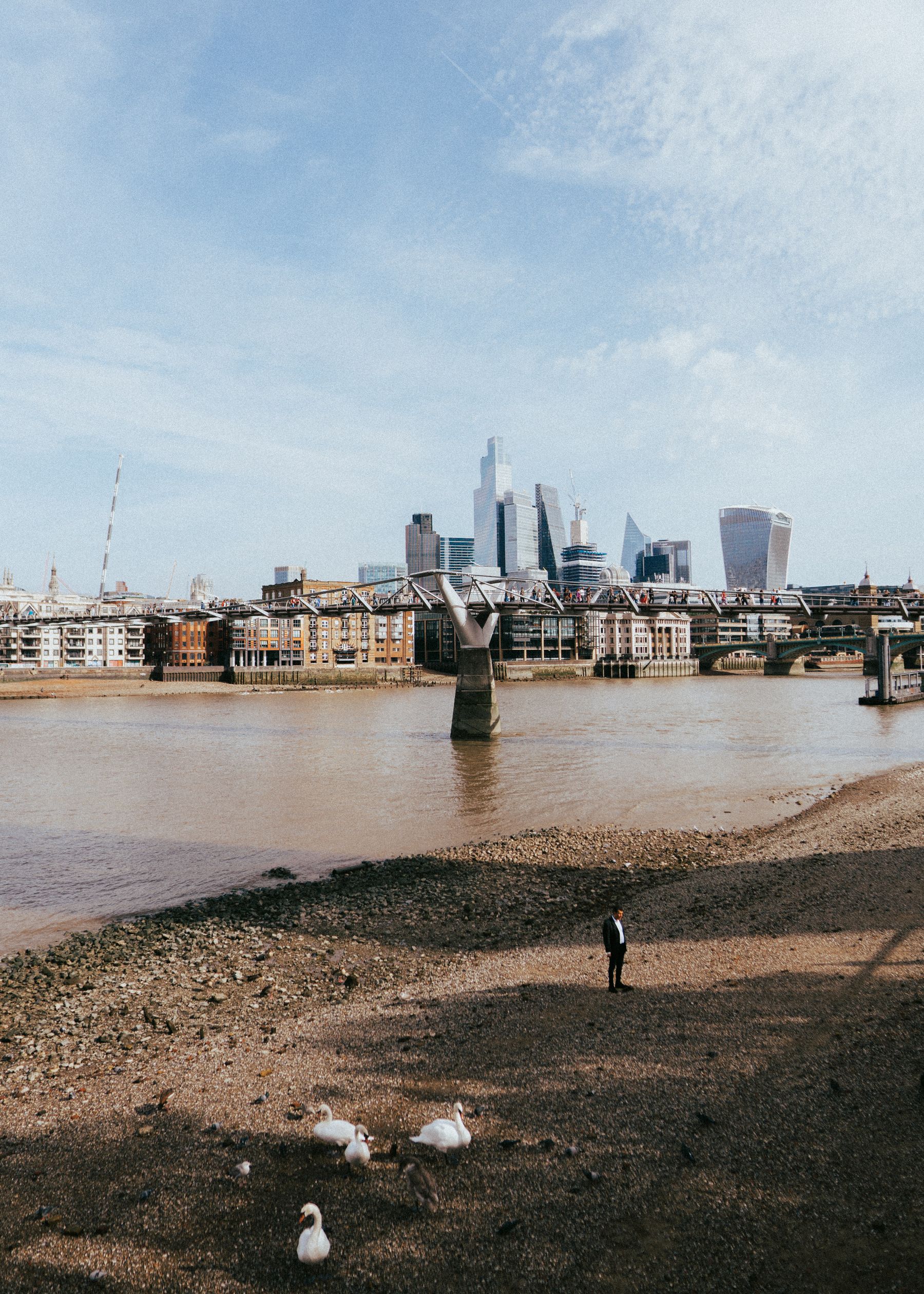 The River Thames and London skyline viewed from the riverbank