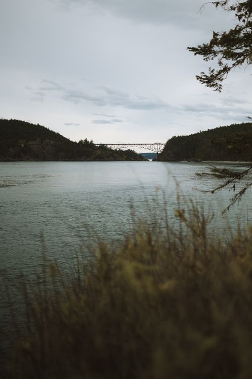 Free A picturesque bridge spans over a calm river amidst lush greenery, offering a serene landscape view. Stock Photo
