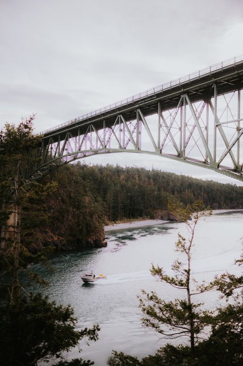 Free A stunning view of a bridge over a river with surrounding forest, perfect for travel and nature themes. Stock Photo