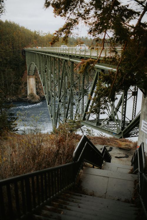 Free A picturesque steel bridge spanning across a river gorge surrounded by dense forest. Stock Photo