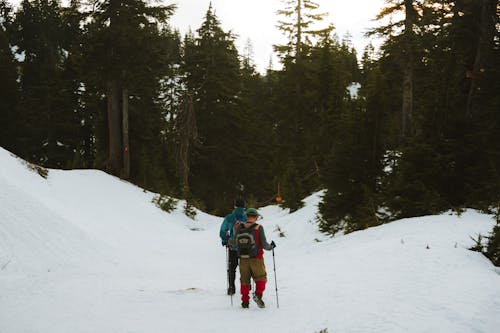 Two people walking through the snow on a trail