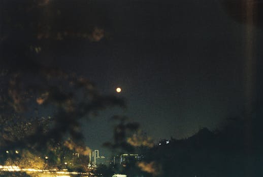 A city skyline under a full moon with a dark sky and urban silhouette.