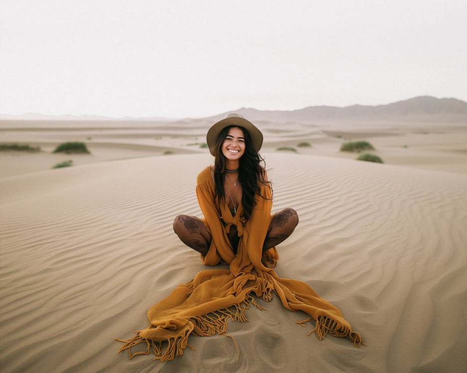 Smiling Brunette Woman on Desert