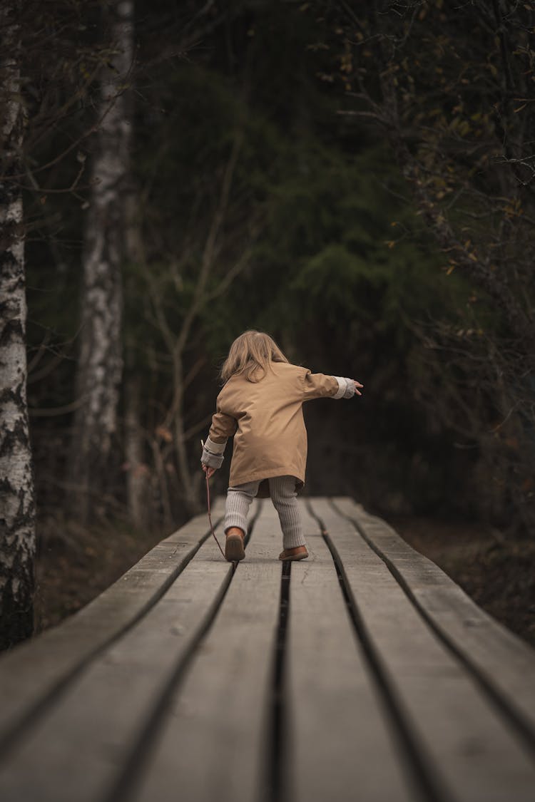 Girl Walking On A Wooden Bridge Holding A Stick