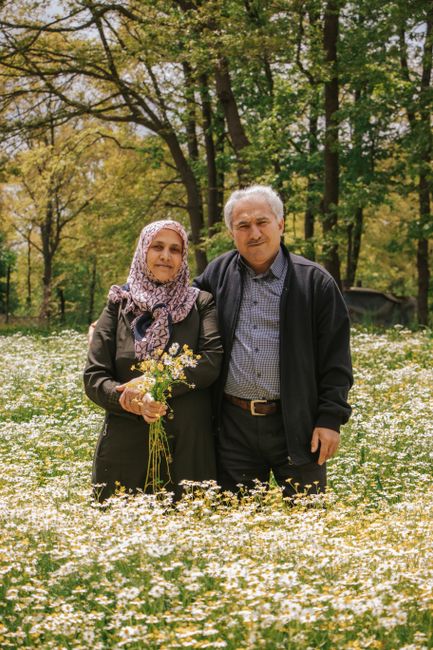 Elderly couple enjoying a sunny day in a blooming meadow, holding flowers and smiling.