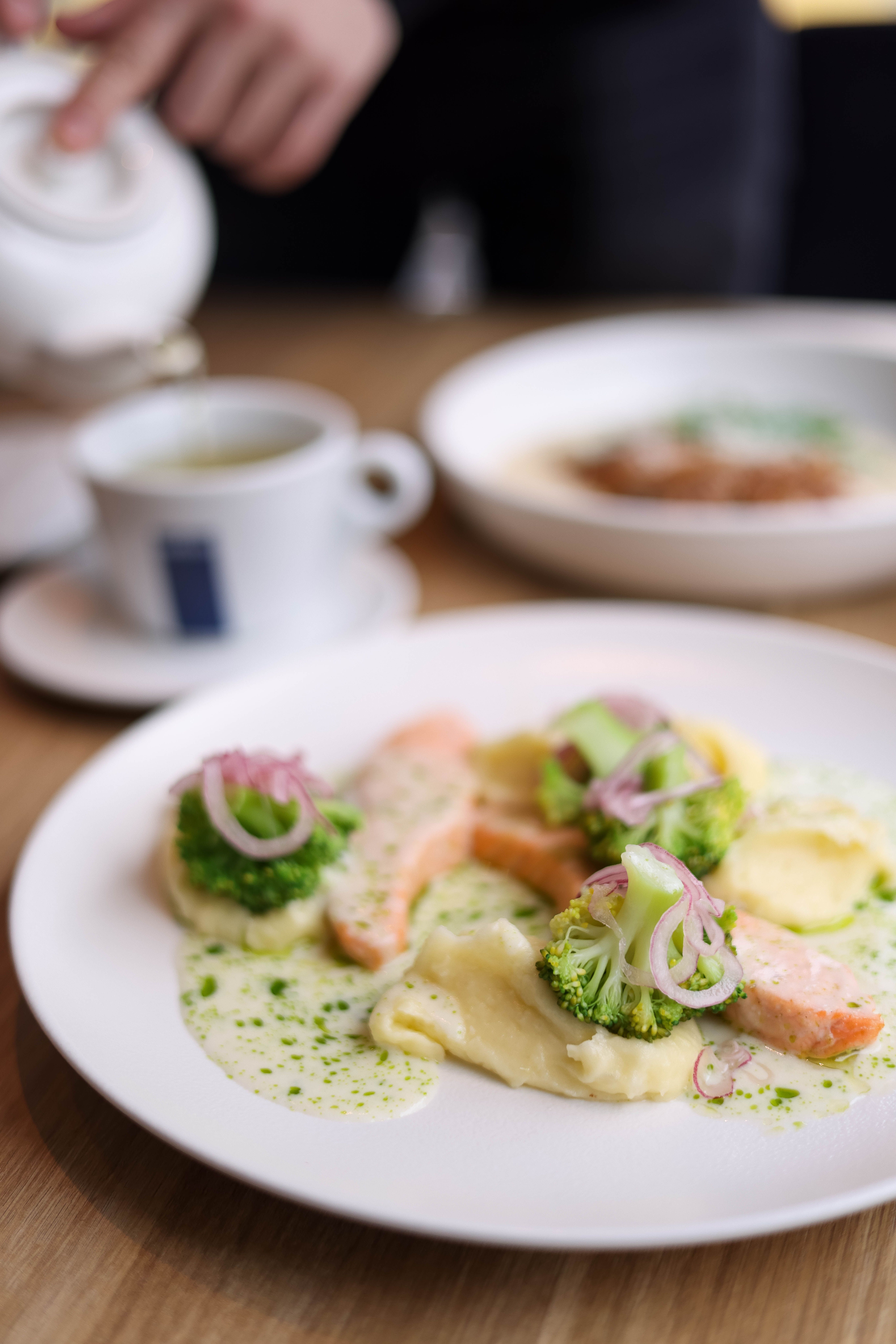 Deliciously plated salmon with fresh vegetables and creamy sauce.