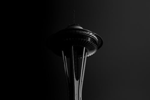 A black and white photo of the space needle