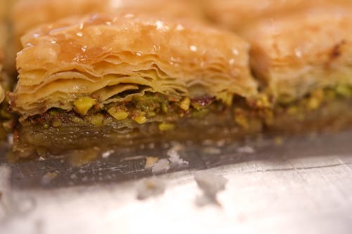 A close up of a piece of baklava