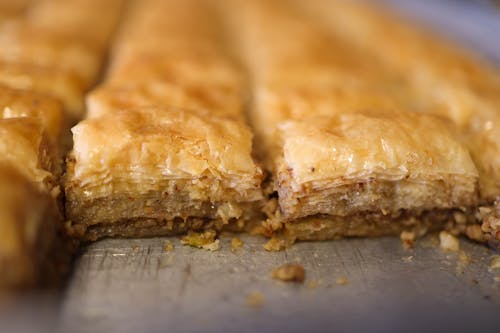 Close-up of Filo Pastry Filled with Honey and Chopped Nuts