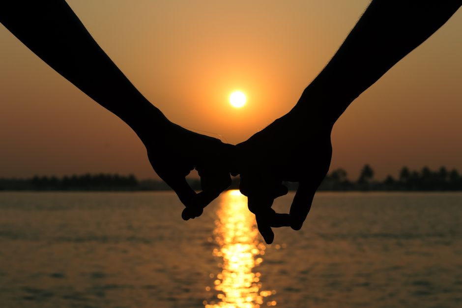 9-Day Tanzania Premium Honeymoon Safari – Romance in the Wild - Silhouette of a couple holding hands at sunset over a serene waterscape in Pullinkunnu, India.