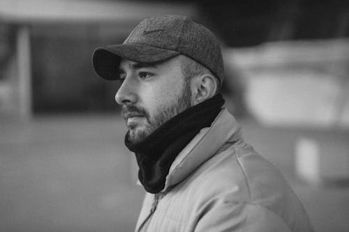 Man in Cap in Black and White