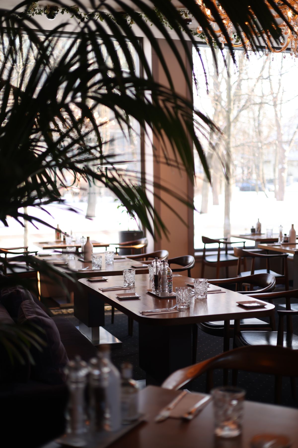 Dining room set for service with daylight through the windows