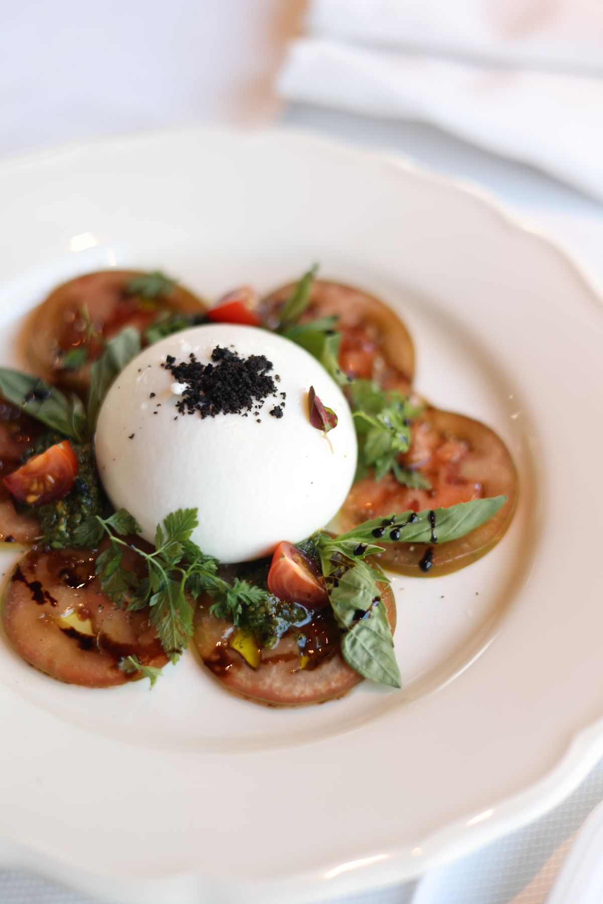 Burrata over tomato slices with greens on a white plate