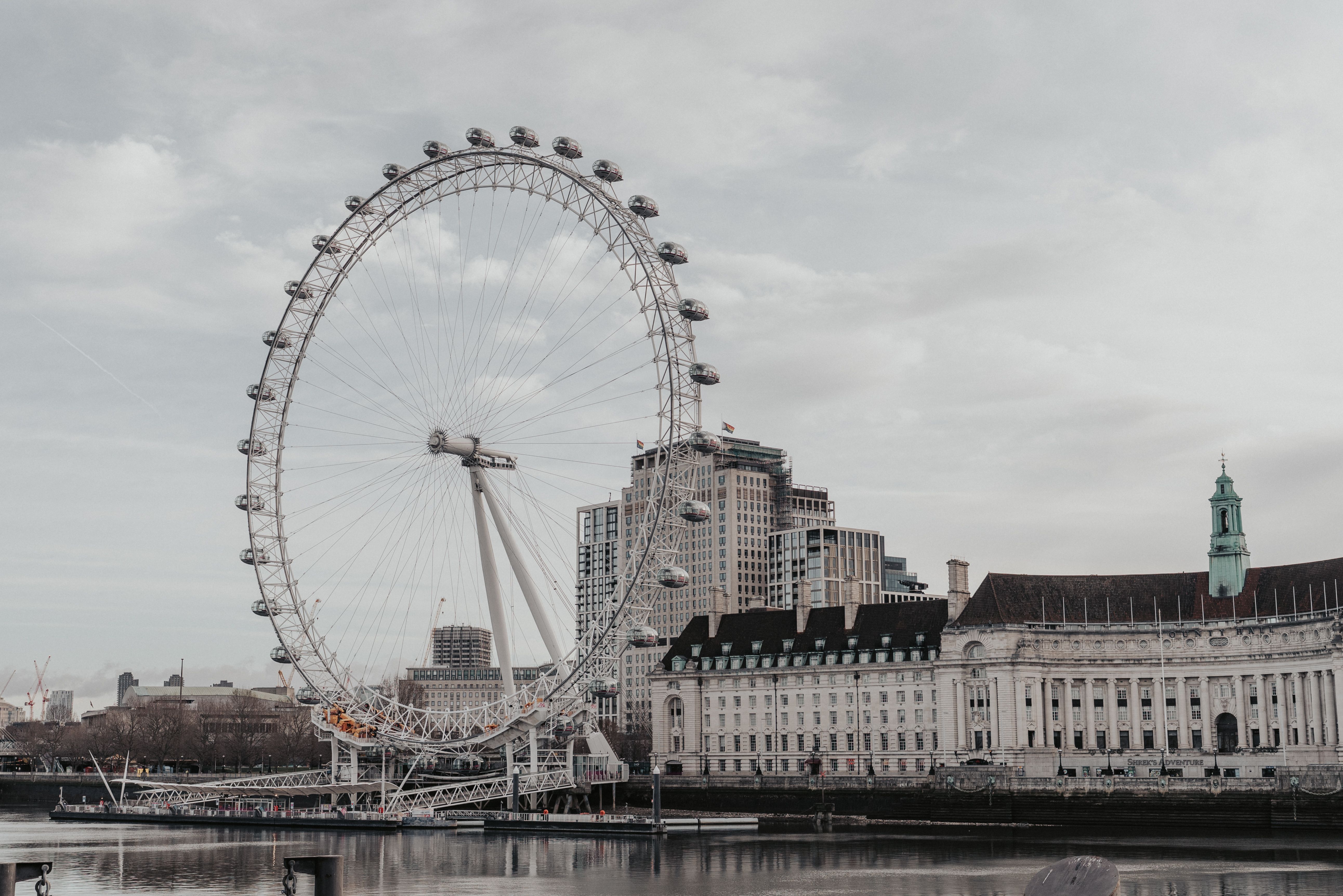Panoramic view of the iconic London Eye and River Thames on a cloudy day. Panoramic view of the iconic London Eye and River Thames on a cloudy day.