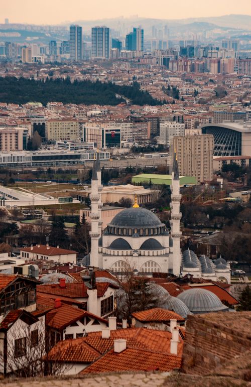 Free A breathtaking drone capture of Ankara's cityscape highlighting the iconic Kocatepe Mosque. Stock Photo