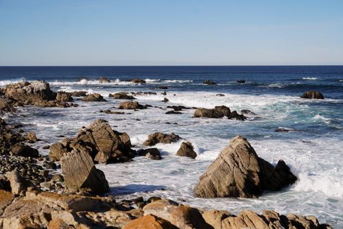 Free Dramatic rocky coastline of Monterey, California, with ocean waves crashing on the shore. Stock Photo