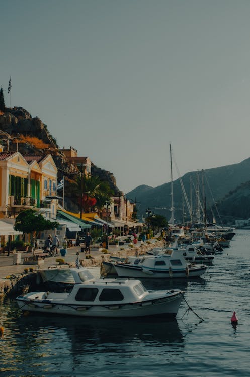 Boats docked in the harbor of a small town