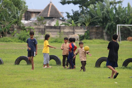 A group of children playing soccer in a field