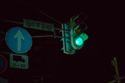 A traffic light with a green light and a street sign