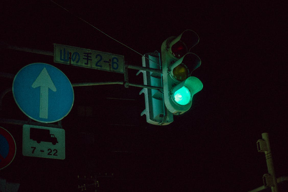 A traffic light with a green light and a street sign