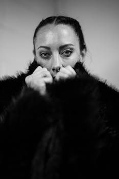 Close-up black and white portrait of a woman in a fur coat with a moody expression.