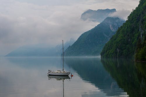 A boat is floating on a calm lake