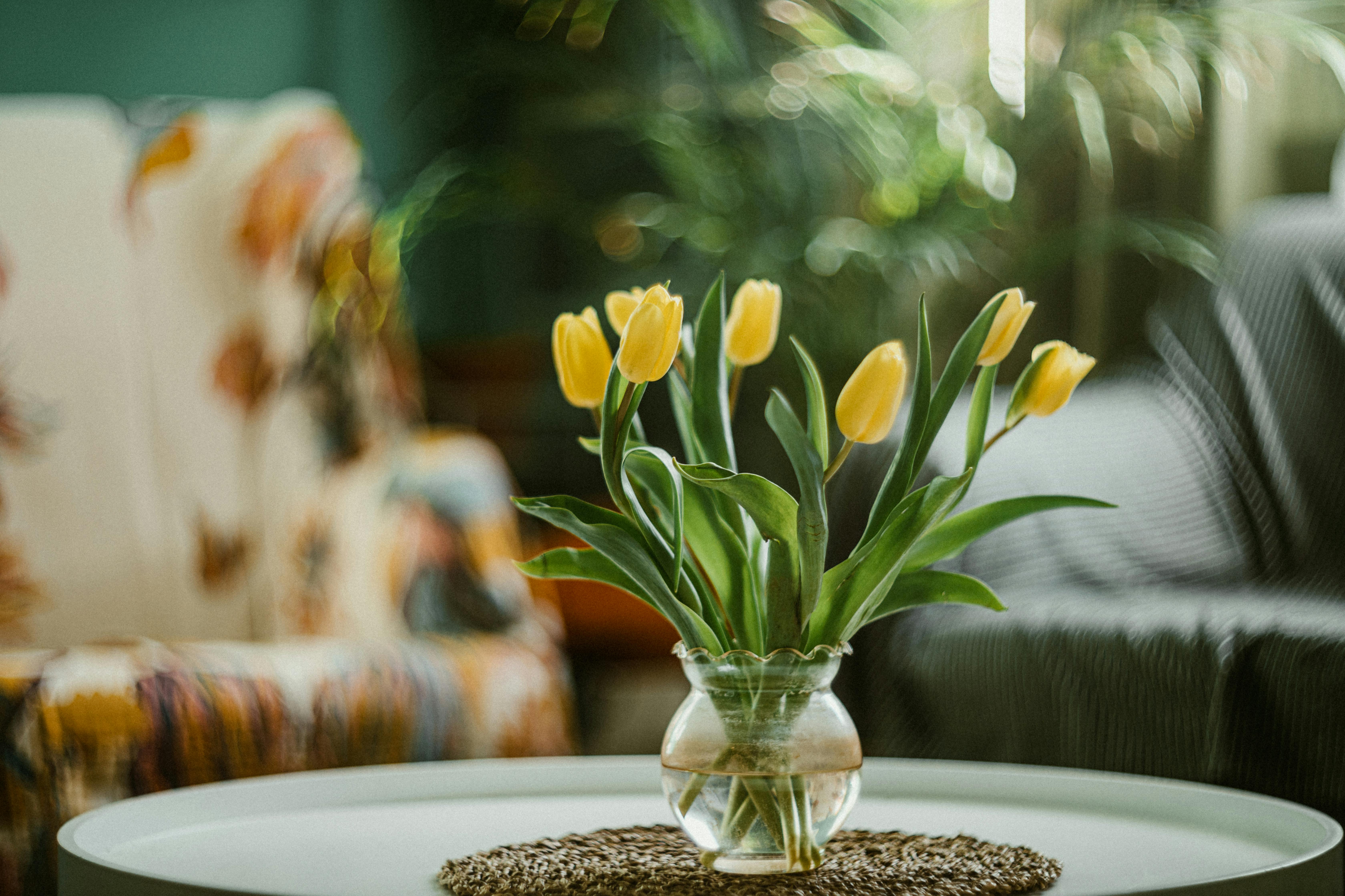 Charming yellow tulips in a vase on a table in a cozy indoor setting.