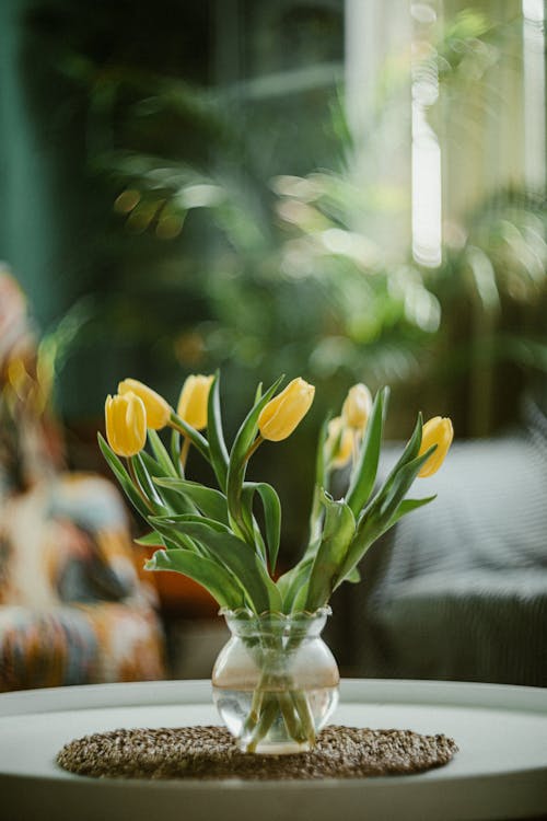 Close-up of a Bunch of Yellow Tulips in a Vase on a Table 