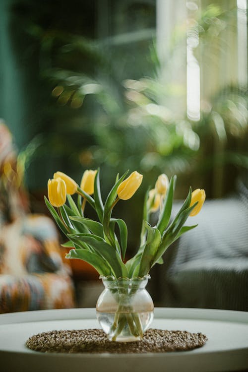 A vase of yellow tulips on a table