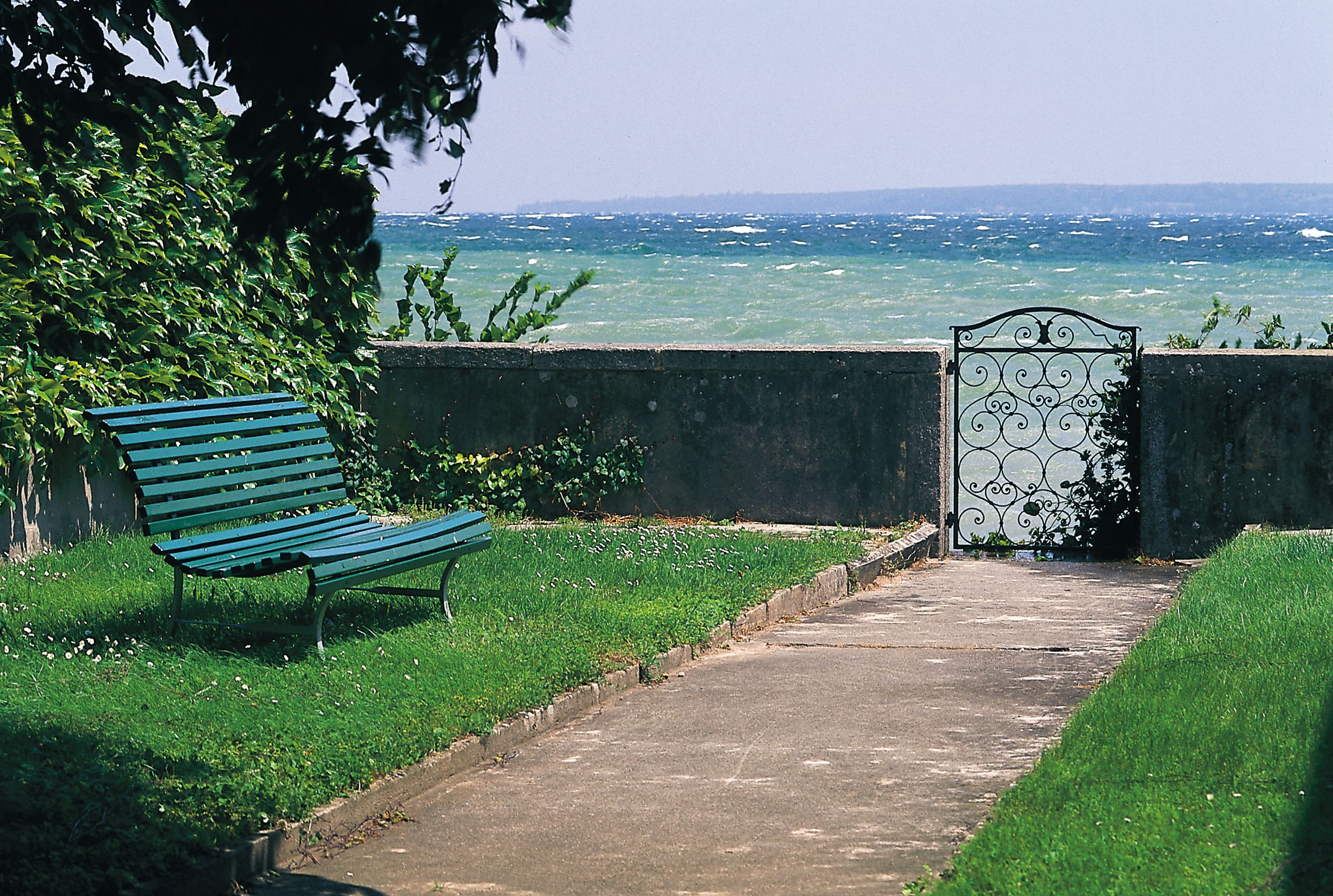 Bench by the lakeshore in Geneva for free outdoor relaxation