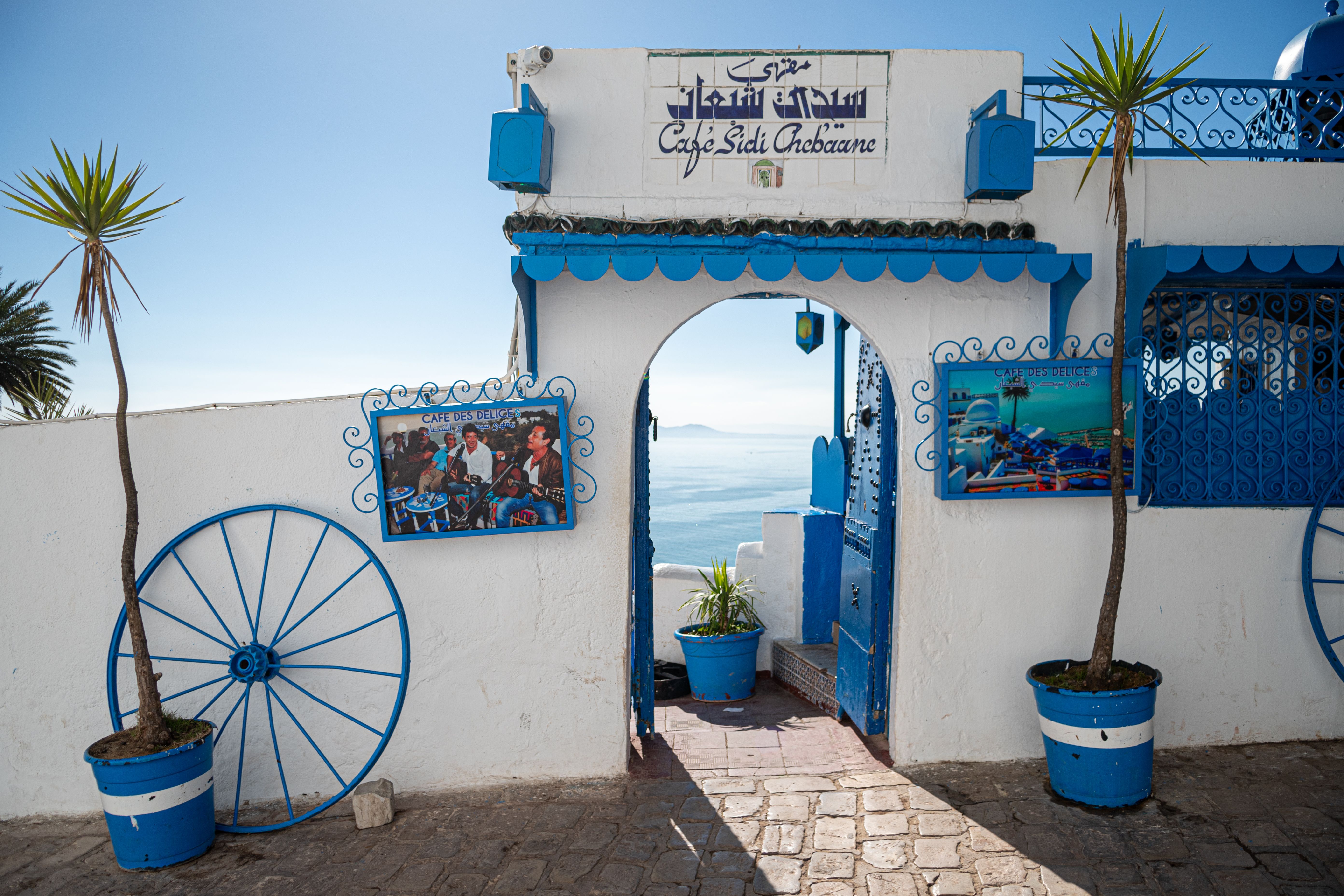 Beautiful entrance to Café Sidi Chabaane in Sidi Bou Said, Tunisia, with Mediterranean sea view.
