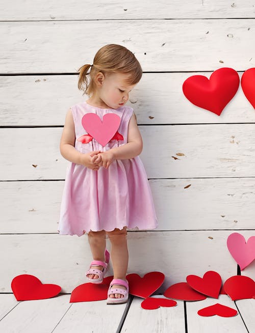 Young Girl in a Pink Dress Holding a Heart