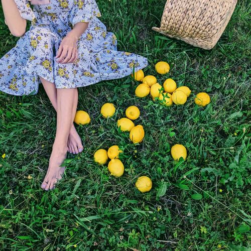 Free Woman in a floral dress sitting barefoot next to scattered lemons on the grass. Stock Photo
