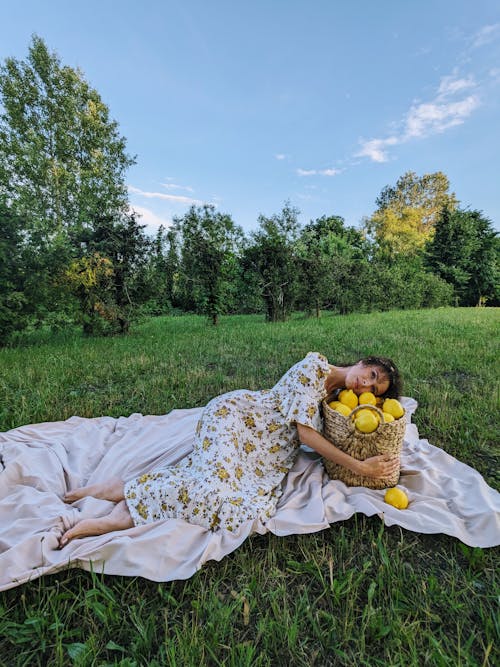 Free Woman in Sundress Lying Down with Basket of Lemons on Picnic Stock Photo