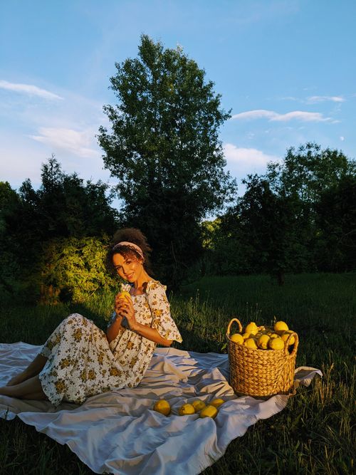 Free Woman in floral dress sitting on a blanket with lemons during a summer picnic outdoors. Stock Photo