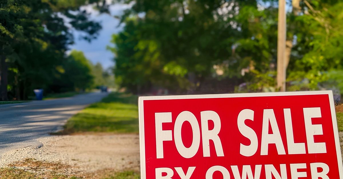 Close-up of a red 'For Sale By Owner' sign alongside a rural road with trees.