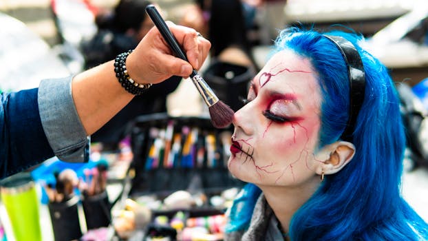 Close-up of a woman with blue hair receiving vibrant fantasy makeup application.