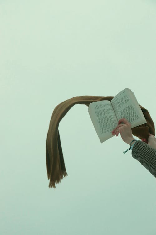 A person holding a book in the air