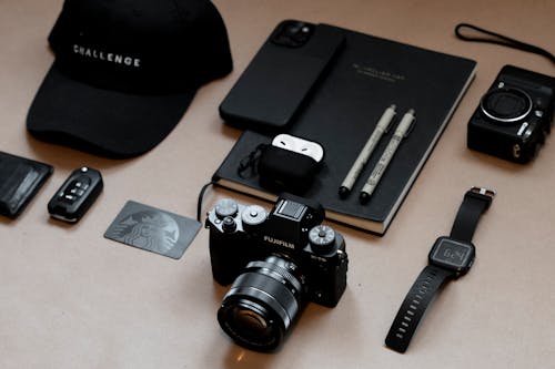 A camera, wallet, phone, and other items are laid out on a table