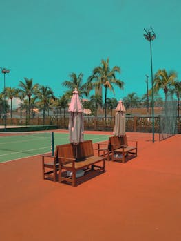 Vibrant tropical tennis court scene with benches and palm trees, ideal for summer sports themes.