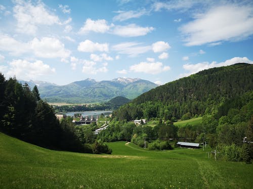 A green grassy field with mountains in the background