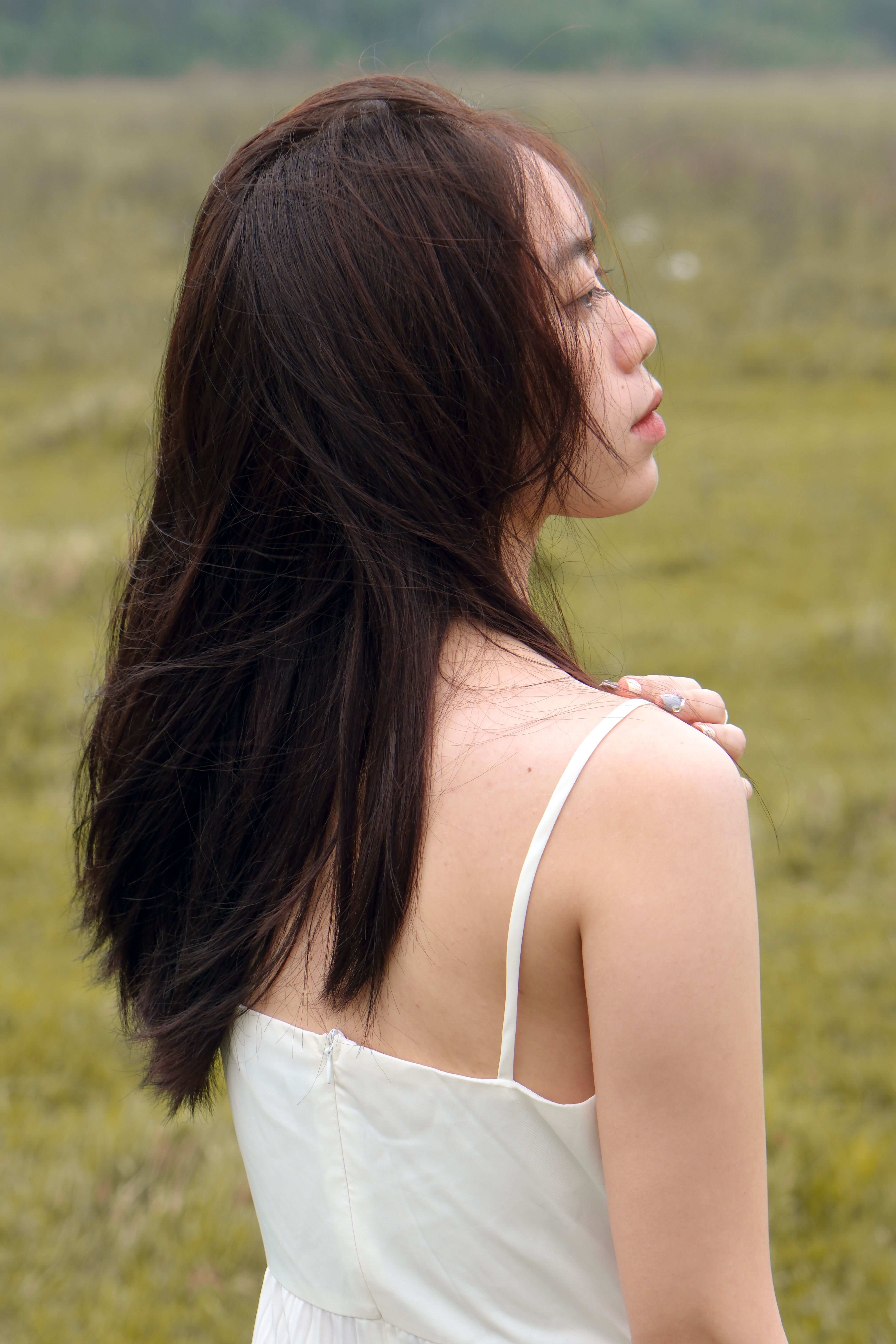 A serene portrait of a woman with flowing hair standing in a field, showcasing elegance and tranquility.