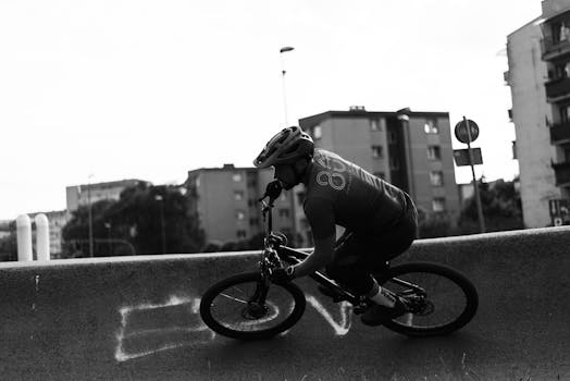 A black and white shot of an adult male riding a bicycle on a skatepark ramp in an urban setting.