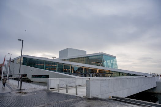 Captivating winter scene of Oslo Opera House showing modern architecture and serene urban surroundings.
