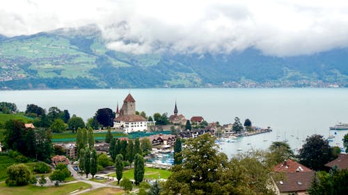 A view of a town and lake in switzerland