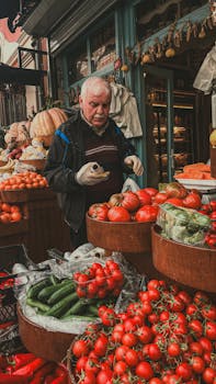 Senior merchant arranging fresh tomatoes and cucumbers at an outdoor market stall.